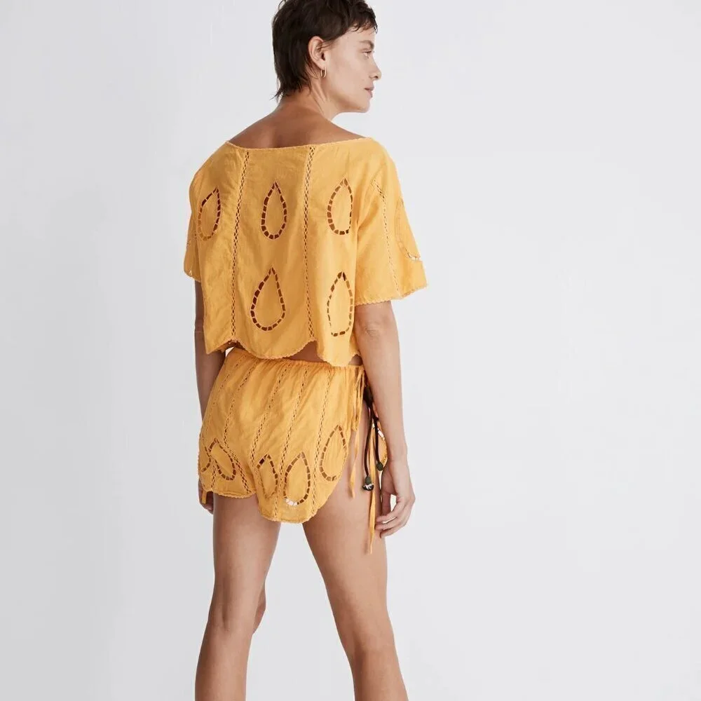 New Agua Bendita Bree Eames Embroidery Yellow Cover-Up Cut Shorts NWT